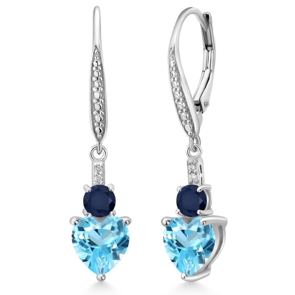 925 Sterling Silver 3.73 Cttw Swiss Blue Topaz and Blue Sapphire Heart Earrings